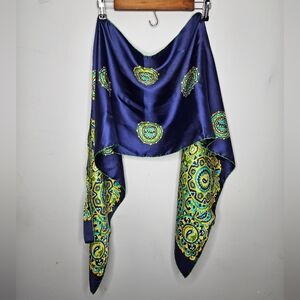 Vintage 70s Burmel Blue, Green and Paisley Abstract Scarf 68" x 15"
